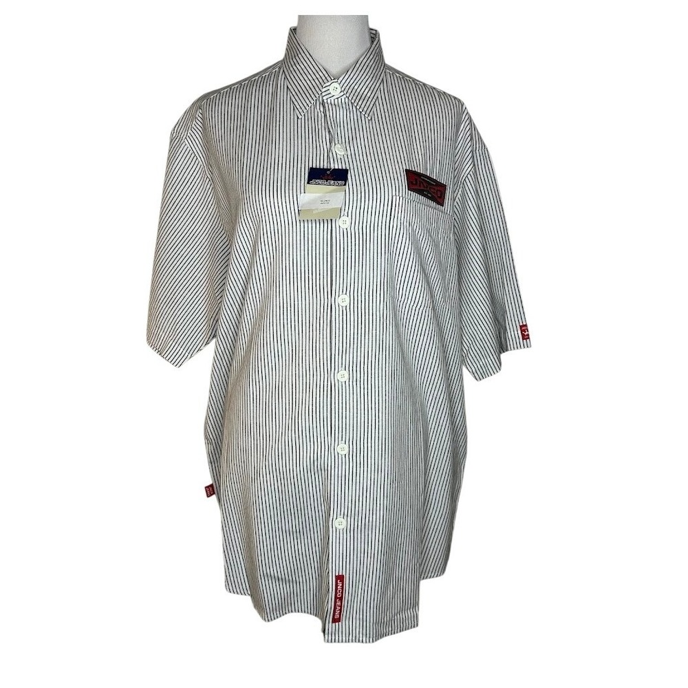 JNCO Jeans Men's White Striped Short Sleeve Bowling Shirt Size L New Old Stock